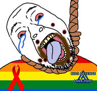 aids bloodshot_eyes crying flag gay hanging lgbt monkeypox open_mouth pedophile poop rope soyjak stubble suicide tongue variant:bernd yellow_teeth // 768x719 // 304.9KB