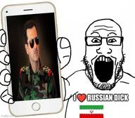 bashar_alassad chud flag glasses hand holding_object i_love imgflip.com iran phone pointing politics russia sunglasses syria text uniform variant:markiplier_soyjak // 573x500 // 46.9KB