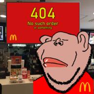 404 amerimutt closed_eyes closed_mouth clothes ear irl_background lips mcdonalds mutt or_something red_shirt soyjak subvariant:impish_amerimutt variant:impish_soyak_ears // 931x931 // 363.6KB