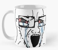 bloodshot_eyes crying cup glasses irl merchandise mug open_mouth soyjak stubble variant:classic_soyjak zoomed // 602x518 // 248.8KB