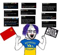 black_lives_matter clothes communism hammer_and_sickle hand_arm_holding hanging leg looking_down makeup malorussian_flag multiple_soyjaks mustache necklace nordic_chad open_mouth purple_hair refugees_welcome rope soviet_union soyjak soyjak_comic star stubble suicide text tongue tranny tshirt twitter ukraine variant:bernd variant:soyak xi_jinping yellow_teeth // 1121x1057 // 387.8KB