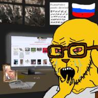 4chan angry bloodshot_eyes clothes computer country crying drawn_background flag flag:russia glasses hand int_(4chan) janny meds monkey_putin open_mouth russia soyjak variant:soyak vladimir_putin window // 625x625 // 434.3KB