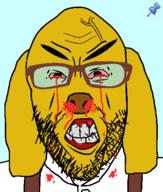 4chan angry animal blood blue_background clothes dog ear glasses janny push_pin soyjak sticky stubble suspenders thick_eyebrows variant:nojak yellow_skin // 443x523 // 29.7KB