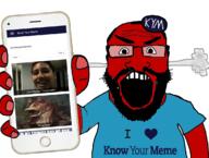angry beard blue_shirt clothes fume glasses heart holding_object i_love knowyourmeme open_mouth phone red red_skin soyjak tshirt variant:science_lover // 1151x871 // 494.0KB