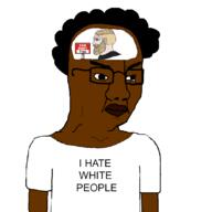 african_american afro angry beard black black_skin blond blue_eyes chad chud clothes curly_hair dark_skin eyebrows glasses incel lips nigger rent_free seething text tshirt variant:chudjak white_background white_skin // 1082x1082 // 96.6KB