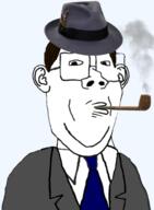 brown_hair business clothes ear fedora glasses hair hat necktie pipe smile smoking soyjak subvariant:protestantjak subvariant:wholesome_soyjak variant:gapejak wasp yuppie // 1379x1874 // 858.7KB