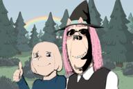 animal black_sclera cartoon cat clothes dog drawing ear furry glasses hat meta:tagme nas nature pink_hair rainbow shadow smile soyjak stubble subvariant:hornyson summer_camp_island thumbs_up tree variant:cobson // 3008x2012 // 1.3MB