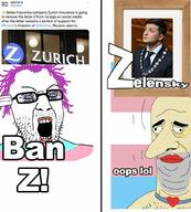 big_nose chest_hair collar firearm flag glasses holding_gun holding_object holding_pistol lipstick open_mouth purple_hair red_lips soyjak stubble suicide text tranny twitter variant:peakyjak variant:unknown volodymyr_zelenskyy weapon z_(russian_symbol) // 921x1024 // 136.6KB