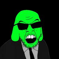 angry black_background black_shirt clothes dog_ear freckles glasses glowie green_skin janny mustache necktie open_mouth soyjak stubble suit sunglasses teeth variant:feraljak // 4800x4800 // 9.2MB