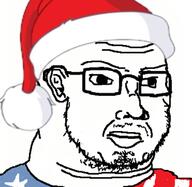 closed_mouth clothes country ear fat flag glasses hat santa_hat soyjak stubble subvariant:duzjak united_states // 600x584 // 186.2KB