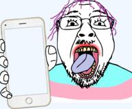 glasses hair hand holding_object holding_phone iphone lipstick open_mouth phone purple_hair soyjak stubble template tongue tranny variant:bernd yellow_teeth // 6141x5089 // 2.0MB