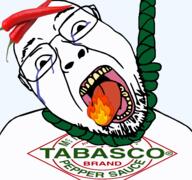 chili crying fire glasses hot_sauce logo open_mouth red_tongue rope soyjak tabasco tongue variant:bernd yellow_teeth // 4792x4484 // 4.6MB