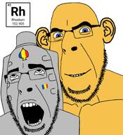 2soyjaks ahegao blue_eyes chemistry ear element flag gay glasses grey_skin looking_at_you looking_up open_mouth rhodium romania sex smile soyjak spade stubble tattoo variant:cobson yellow_skin // 647x708 // 201.0KB