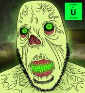 actinides chemistry clenched_teeth element glowing glowing_eyes green_eyes green_skin no_nose radiation soyjak stubble text uranium variant:cobson vein wrinkles zombie // 775x849 // 442.8KB