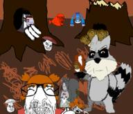 alternate bloodshot_eyes calm closed_mouth crying drawn_background fish forest glasses leaf meta:tagme multiple_soyjaks mushroom open_mouth racoon scared squirrel stubble tree variant:bernd variant:chudjak variant:classic_soyjak variant:cobson variant:feraljak variant:israeli_soyjak variant:markiplier_soyjak wall_nut // 1558x1342 // 905.1KB