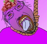 bant_(4chan) bloodshot_eyes food foodjak fruit glasses grape hair lips no_nose open_mouth purple_skin rope soyjak stubble suicide tongue tranny variant:gapejak // 768x719 // 383.6KB