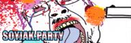 animated arm banner blood bloodshot_eyes crying dead full_body gif glasses gun hair hand hanging i_love leg mustache open_mouth purple_hair rope shot smile soyjak soyjak_party stubble suicide text tranny variant:gapejak_front // 600x200 // 3.6MB