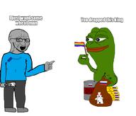 arm bloodshot_eyes clothes country crying european_union flag frog full_body glasses gold grey_skin hand holding_object leg lgbt oil open_mouth pepe pointing russia soyjak stubble text variant:classic_soyjak wheat // 1000x853 // 188.5KB