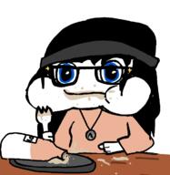 arm closed_mouth clothes eating female glasses hair hand hat necklace plate retard soy soyjak soylent spilled spork table text variant:soytan // 721x741 // 37.5KB