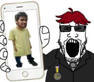 arm badge clothes glasses hair hand holding_phone iphone jerry necktie open_mouth phone red_hair soyjak stubble subvariant:phoneplier subvariant:phoneplier_vertical suit tinted_glasses variant:markiplier_soyjak // 720x631 // 335.9KB