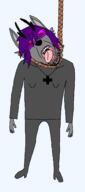bloodshot_eyes crying ear fangs furry glasses grey_skin hanging horn open_mouth ozzy purple_hair rope soyjak stubble suicide tinted_glasses tongue variant:bernd // 1197x2709 // 65.9KB