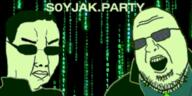 angry banner closed_mouth clothes fat glasses hacker hair open_mouth soyjak soyjak_party stubble sunglasses text the_matrix variant:chudjak variant:shotjak // 300x150 // 1.1MB