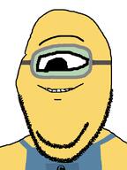 clothes goggles large_eyes minion one_eye smile soyjak stubble variant:wholesome_soyjak yellow_skin // 600x800 // 27.9KB