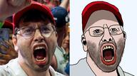 angry baseball clothes ear edit glasses hair hand hat irl maga meta:missing_variant open_mouth phone real soyboy soyjak stubble traced yellow_teeth // 1246x694 // 1.2MB