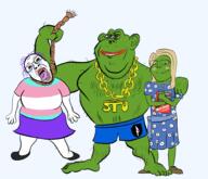 closed_mouth clothes dress frenschan frog full_body glasses green_skin hairy hanging mein_kampf necklace open_mouth pepe rope smile soyjak stubble subvariant:soylita trad_wife tranny variant:bernd variant:gapejak variant:impish_soyak_ears // 2048x1761 // 841.5KB