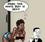 beverage big_breasts black_skin bowtie breasts censored clothes comic earring female glass hair holding_object lipstick nsfw smile smug soyjak suit text thought_bubble tuxedo variant:chudjak white_skin wine woman // 368x346 // 51.9KB