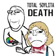 2soyjaks arm blood candy closed_mouth decapitation evil food frown glasses grin hair hand holding_object knife lollipop murder sad smile stubble subvariant:soylita subvariant:wholesome_soyjak text variant:gapejak yellow_hair // 648x655 // 119.3KB