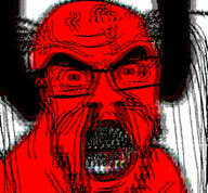 angry distorted fume glasses mustache open_mouth red_eyes red_skin smoke soyjak stubble variant:feraljak vein // 741x686 // 189.9KB