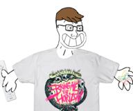 arm brown_hair calarts clothes glasses hand holding_object logo remote smile soyjak text tshirt variant:soyak wii zoomer // 1018x852 // 472.1KB