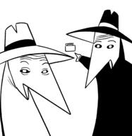 black briefcase clothes glasses hat mad_magazine nose open_mouth pointy_nose soy_parody spy_vs_spy variant:two_pointing_soyjaks white // 1668x1717 // 412.4KB