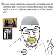 badge clenched_teeth clothes doha_agreement glasses hand hat islam meta:missing_variant peace_sign soyjak stubble taliban text variant:feraljak yellow_teeth // 1296x1280 // 654.8KB