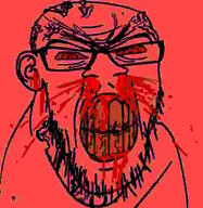 angry blood bloodshot_eyes clenched_teeth compressed ear glasses jpeg red red_skin soyjak stubble variant:feraljak yellow_teeth // 894x919 // 22.0KB