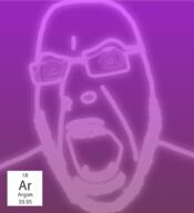 angry argon chemistry element glasses glowing noble_gas open_mouth purple purple_skin soyjak stubble variant:cobson // 744x818 // 894.6KB