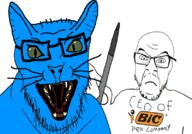 2soyjaks animal arm bald bic blue blue_fur bright_blue_cat cat cat_ear cat_eyes ceo closed_mouth fang frown fur glasses green_eyes hand holding_object mustache open_mouth pen soyjak stubble subvariant:feral_meowjak text variant:feraljak whisker white_background // 800x558 // 230.8KB