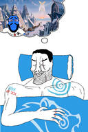 1488 arm beard blanket blue_skin buff calm closed_eyes closed_mouth glasses hair happy_merchant heart hyperborea i_love nazism no_symbol painting pillow racism scar skyrim smile snow soyjak stubble swastika tattoo text thought_bubble variant:chudjak variant:science_lover // 2062x3094 // 1.3MB
