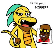 anthro black_skin ceaera claws clothes ear furry hair kfc nigger oc open_mouth smug snake soyjak spikes stubble subvariant:impish_tyrone tyrone variant:impish_soyak_ears yellow_skin // 2048x1780 // 173.7KB
