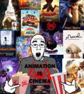 animation arm clothes drink ear glasses hand movie open_mouth pointing popcorn soyjak spiderman stubble text variant:shirtjak // 459x512 // 502.7KB