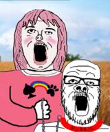 2soyjaks arm blush clothes collar dog drawn_background femdom femjak glasses hand holding_object irl_background mustache open_mouth pink_hair queen_of_spades rainbow soyjak stubble variant:a24_slowburn_soyjak wheat // 1000x1200 // 694.7KB