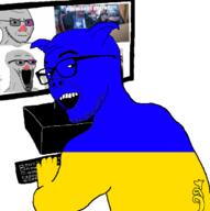 2soyjaks animal computer double_standarts flag glasses hand hands_up hypocrisy hypocrite maidan mouth_closed mouth_open open_mouth pig place place_japan russia smile soyjak stubble ukraine variant:classic_soyjak variant:excited_soyjak variant:zoomer_on_computer vatnik // 696x701 // 123.6KB