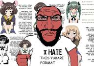 angry balding beard closed_mouth clothes fist girls_und_panzer glasses glasses_askew hair hand hands_up holding_object i_hate lips open_mouth punisher_face red_skin school_uniform stubble subvariant:chudjak_front subvariant:science_lover text tshirt variant:chudjak variant:markiplier_soyjak // 640x449 // 79.9KB