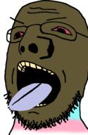 black_skin brown_troonjak distorted flag:transgender_pride_flag glasses open_mouth red_eyes stubble teeth tounge tranny variant:unknown yellow // 616x943 // 168.2KB