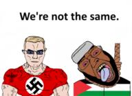 angry arab beard blond blood bloodshot_eyes blue_eyes brown_skin buff closed_mouth clothes flag flag:palestine full_body gigachad glasses hair hanging jewish_nose nazism open_mouth palestine purple_tongue red_eyes rope smile soyjak subvariant:chudjak_front subvariant:muscular_chud sun swastika text tranny tshirt variant:bernd variant:chudjak we're_not_the_same white_skin // 488x355 // 113.9KB