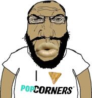 angry balding beard brown_skin chips clothes food glasses hair i_love lips open_mouth popcorners punisher_face soyjak subvariant:science_lover text tshirt variant:markiplier_soyjak // 653x689 // 318.5KB