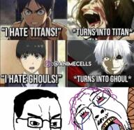 anime attack_on_titan bloodshot_eyes crying glasses hanging open_mouth rope soyjak stubble suicide tokyo_ghoul tongue tranny variant:chudjak yellow_teeth // 473x459 // 352.4KB