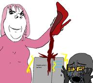 2soyjaks arm bloodshot_eyes clothes crying female glasses grey grey_skin hair hand hands_up holding_object open_mouth pink_hair server shoe smile soot soot_colors soyjak soyjak_party stubble text variant:cryboy_soyjak variant:wholesome_soyjak wine // 1900x1700 // 586.6KB