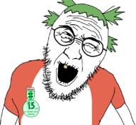 4chan angry angry_grandpa anime badge clothes glasses green_hair hair old one_tooth open_mouth soyjak stubble variant:charles wrinkles yotsoyba // 844x772 // 55.3KB